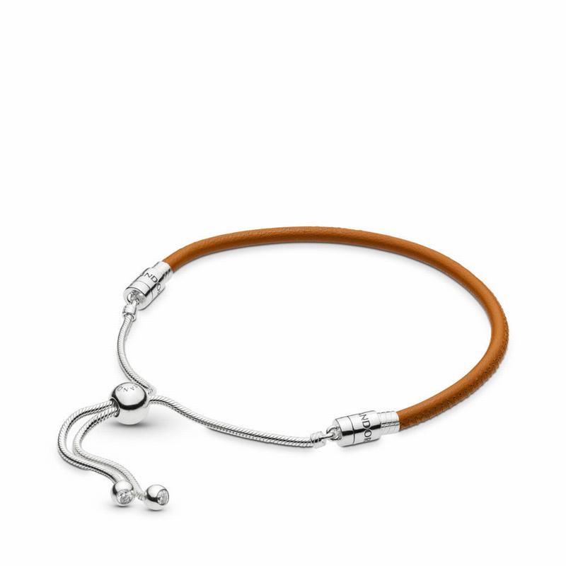 Pandora Sliding Golden Tan Leather Bracelet Ireland - Sterling Silver/Leather/Brown/Cubic Zirconia -